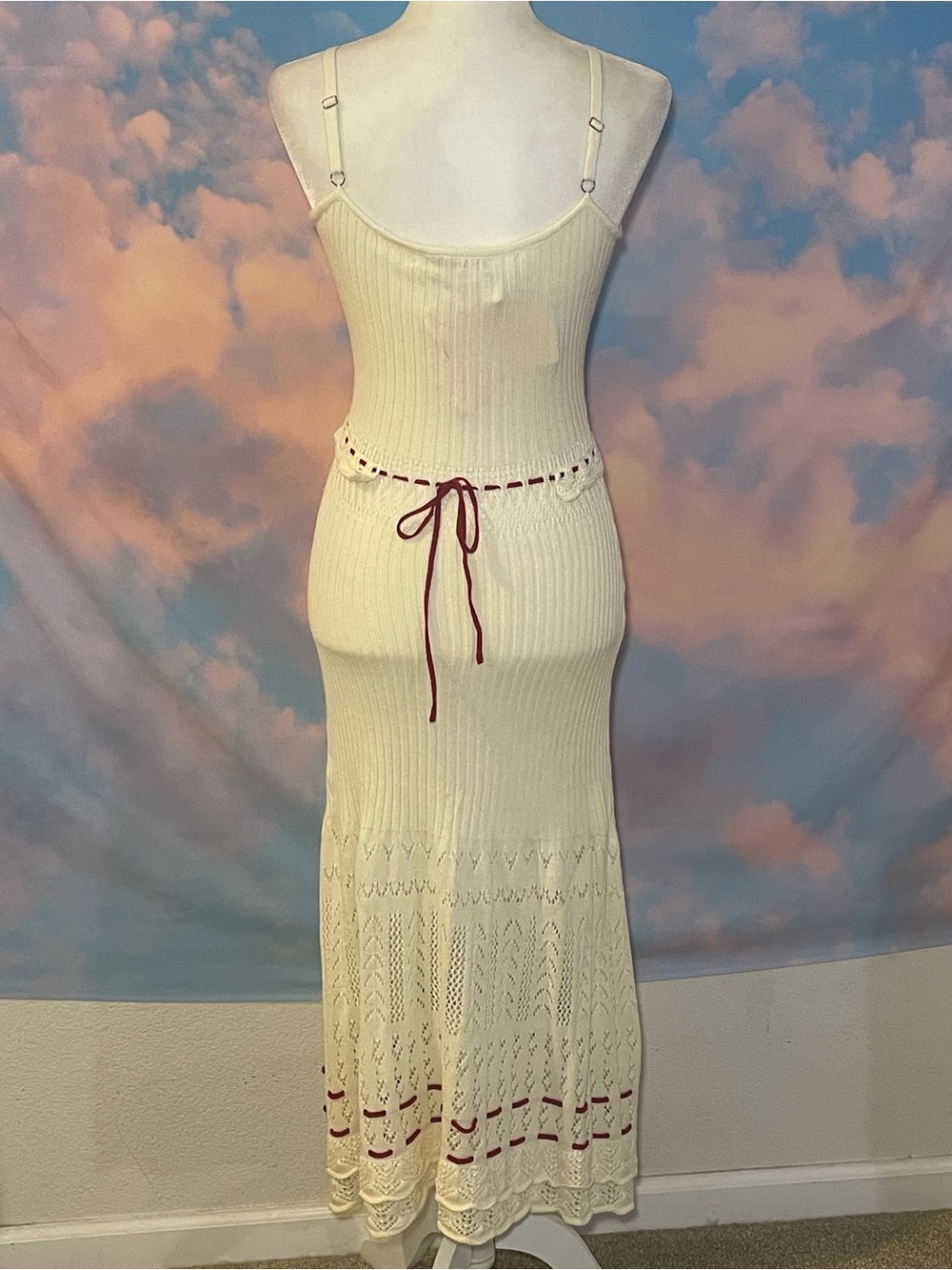 NWT: Gorgeous Lace Made Cream Knit w/Red Ribbon & Cherry Crochet Details - Picture 4 of 15